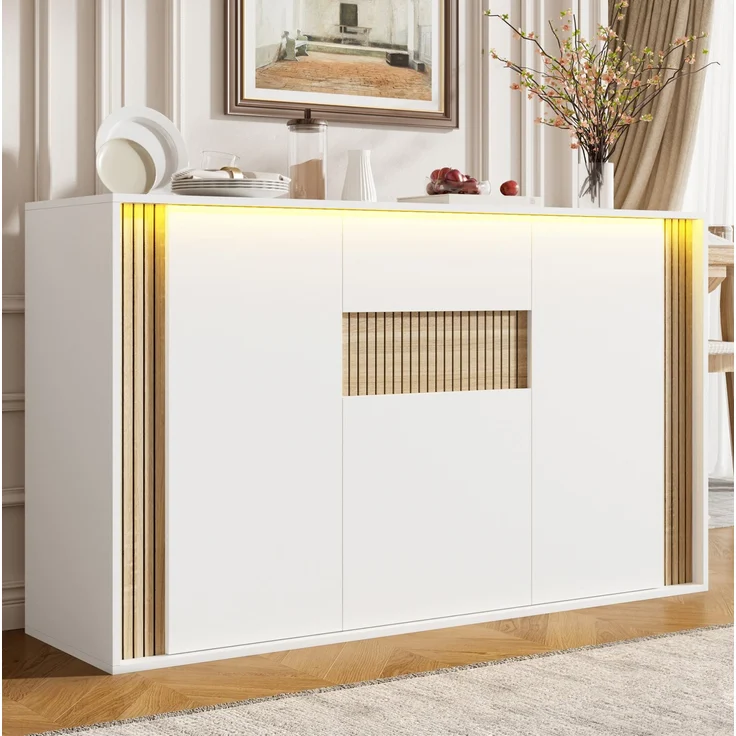 DESVIAE Sideboard Natur/Weiß aus Spanplatte – 140x82x40 cm – 3 Türen, Schublade, LED-Beleuchtung – Bild 2
