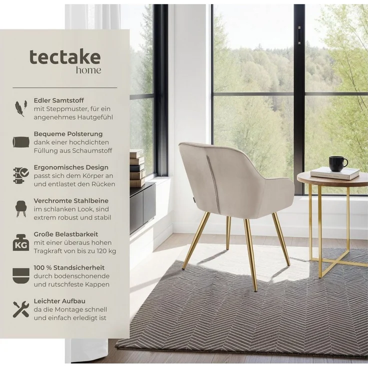 tectake Esszimmerstuhl Polstersessel gepolstert, in Samtoptik, gesteppt, 58 x 62 x 82 cm (Küchenstuhl Marilyn in taupe/gold, 2 St), schlanke, goldene Stahlbeine, bodenschonend, Belastbarkeit 120 kg – Bild 2