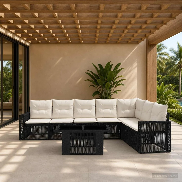 vidaXL Gartensofa-set 8 stk. Schwarz und Cremeweiß Poly-Rattan 3436795 – Bild 1