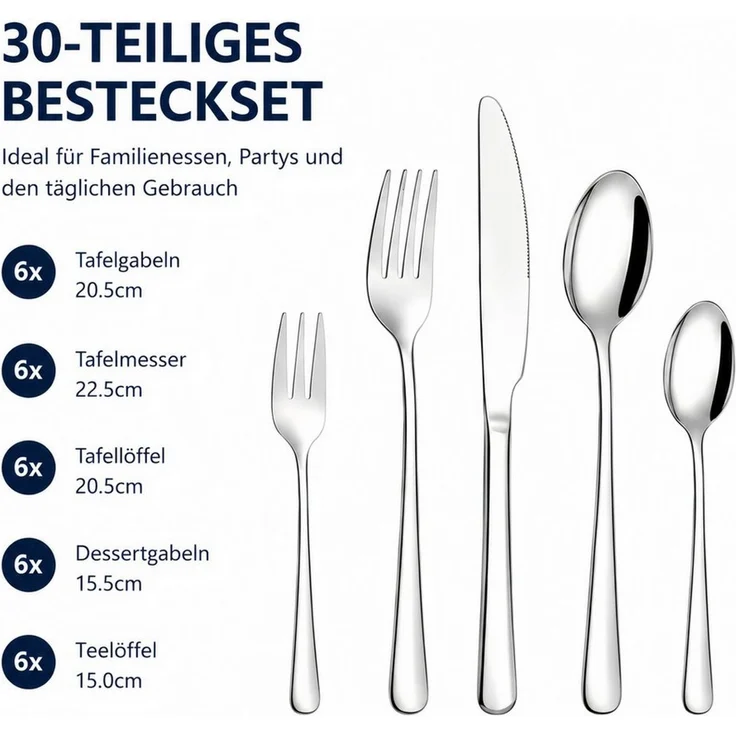 ibettertec Besteck-Set 30-teiliges Edelstahl Besteckset Spülmaschinenfest, 36 Personen, Modern Silber für 6 Personen – Bild 2