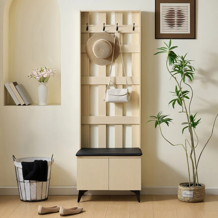 Garderobe mit Sitzbank, B 60 x T 35 x H 179,5 cm, MDF in heller Holzoptik und schwarzen Stahlbeinen – Bild 2