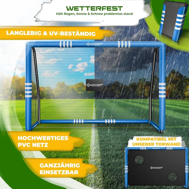 KESSER® Fußballtor für Garten robustes Outdoor Training Schusstraining UV-beständigem Netz, Stahlrahmen mit Polsterung, Erdhaken, Luftpumpe, Hüttchen, Montagezubehör für Kinder und Erwachsene Blau, 300cm, Ohne Torwand – Bild 3