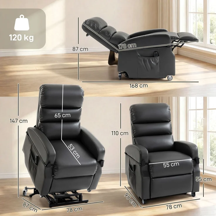 Wohnora-Fernsehsessel mit Aufstehhilfe Elektrischer Relaxsessel mit Fernbedienung, Fußstütze, Liegefunktion, Dunkelgrau,H 1100cm x T 980cm x B 780cm – Bild 4
