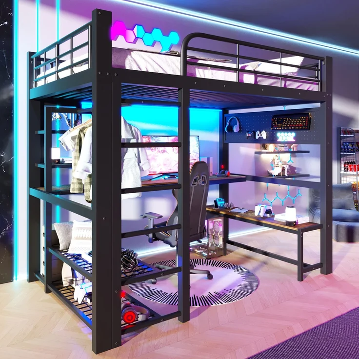 Merax Hochbett, Kinderbett 140×200cm, Jugendbett Gitter zum Aufhängen von Gegenständen, mit LED-Lichtleiste, Ohne Matratze, schwarz – Bild 3