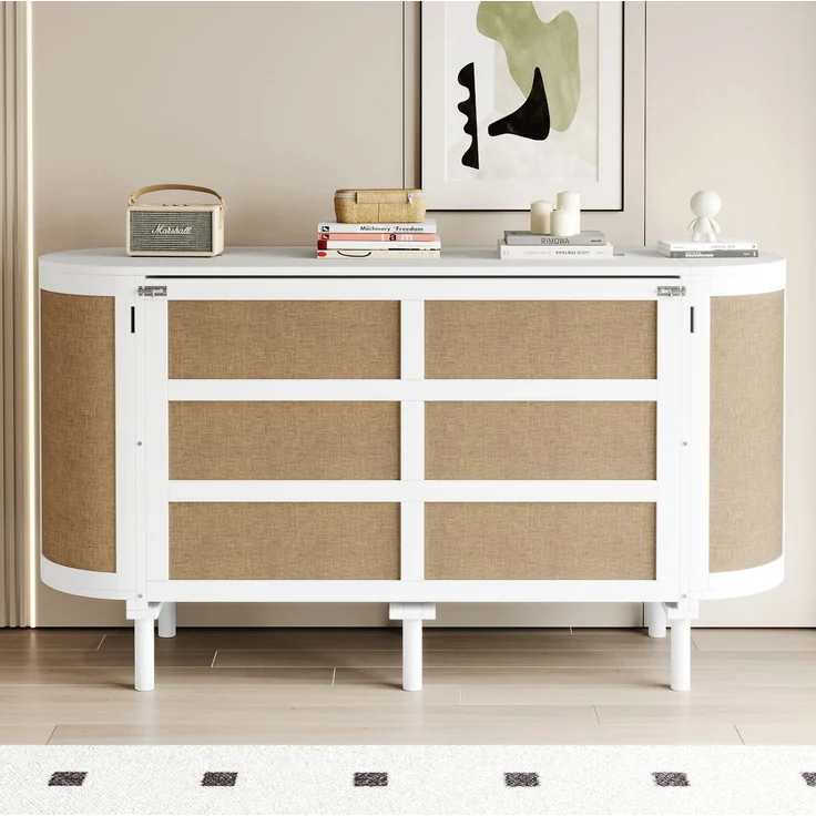 Schrankbett 140x200 cm, vertikales Wandklappbett aus Holz in Weiß mit Rattan-Optik und Staufächern – Bild 2