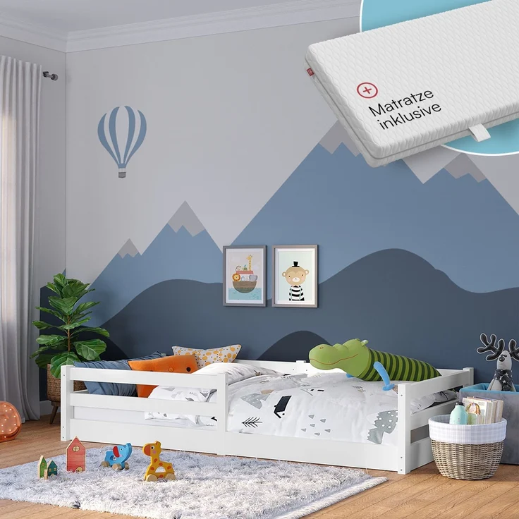Bellabino 'Iskri' Bodenbett 90x200 cm mit Matratze, weiß, Massivholz Kiefer, Montessori Kinderbett mit Rausfallschutz und Lattenrost – Bild 1