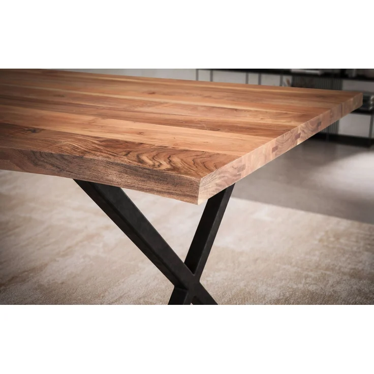 Esszimmertisch 120x60x76cm Akazie Massivholz Baumkante X-Beine Schwarz Rechteckig – Bild 4
