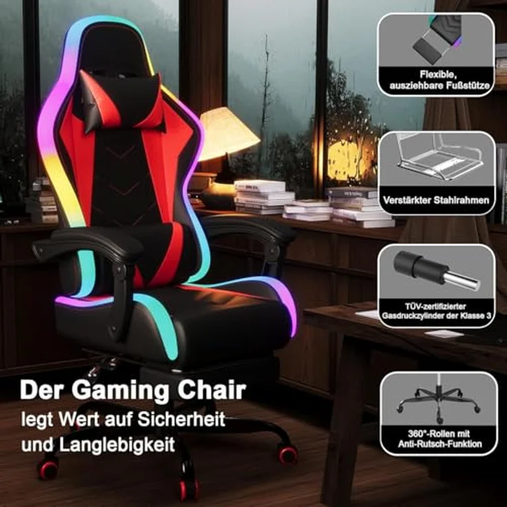 JUMMICO Gaming Stuhl mit led, Cool Racing Gamer Stuhl, Ergonomischer Bürostuhl mit Massagefunktion, Verstellbare Rückenlehne 90-135°, mit Teleskop Fußstütze, Gamingstuhl 150 kg belastbarkeit, Rot – Bild 5