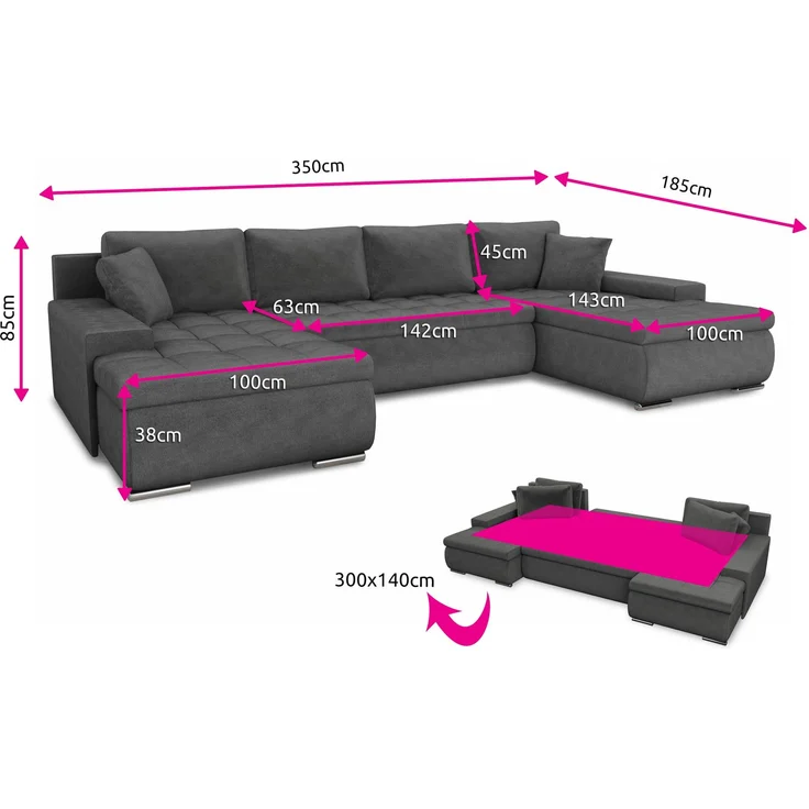 Wohnlandschaft mit Schlaffunktion Faris U-Form - Couch, Schlafsofa mit Bettkasten, Couchgranitur mit Bettfunktion, Big Sofa, Bettsofa (Blau (Kronos 09)) – Bild 5