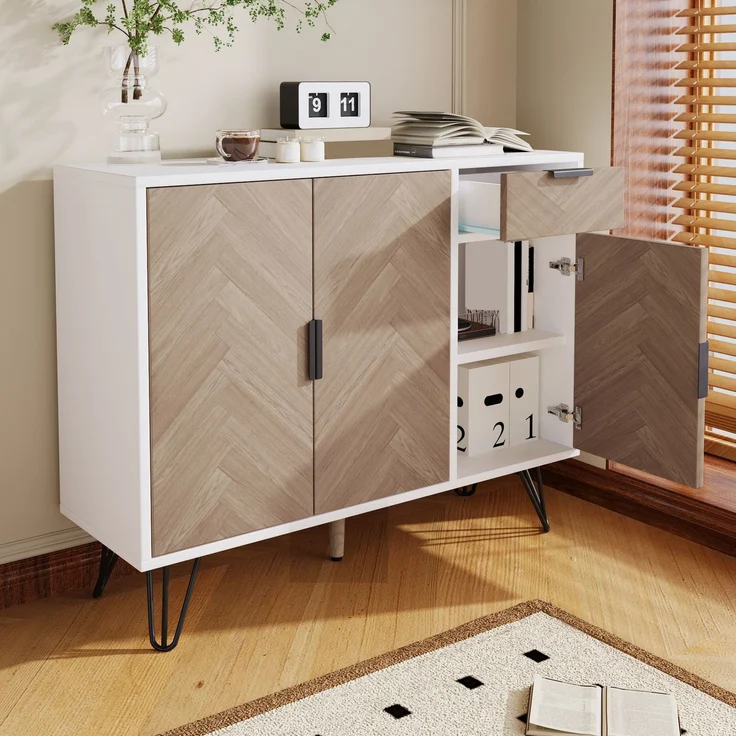 DESVIAE Sideboard Aufbewahrungsschrank mit Schublade, 90x71,5x30 cm, MDF und Spanplatte, Weiß und Holzfarbe – Bild 1