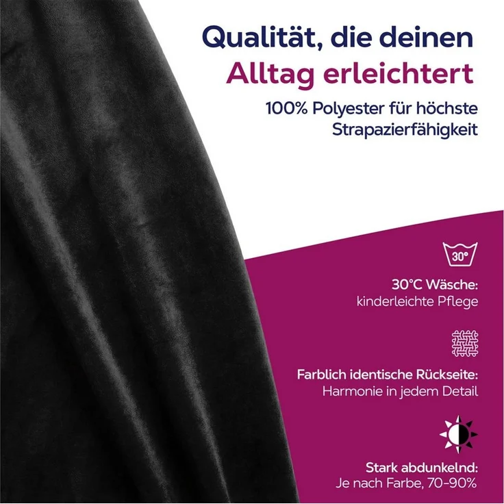 Beautex Verdunkelungsvorhang Samt Vorhang Kräuselband U-Band Gardine Velvet abdunkelnd (1 St), Hakenaufhängung, abdunkelnd, Weicher Samtstoff, lichtmindernd, pflegeleicht, blickdicht – Bild 3