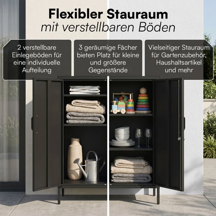 STEELSØN 'Menkent' Outdoor Metallkommode, Doppeltür mit Schloss, schwarz, 100x80x45 cm, mit 2 Einlegeböden, 3 höhenverstellbare Fächer – Bild 3