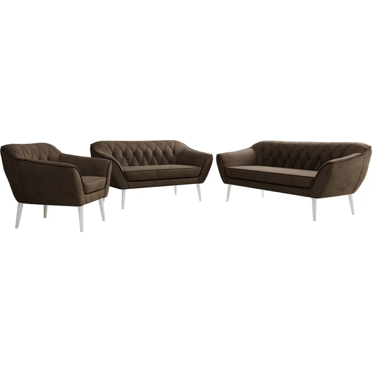 Wohnzimmerset PIRS 1-2-3, Skandinavisches Komplettset, Wellenfederung, weiße Füße, Sitzgruppe, Möbelset - Braun Velvet – Bild 6