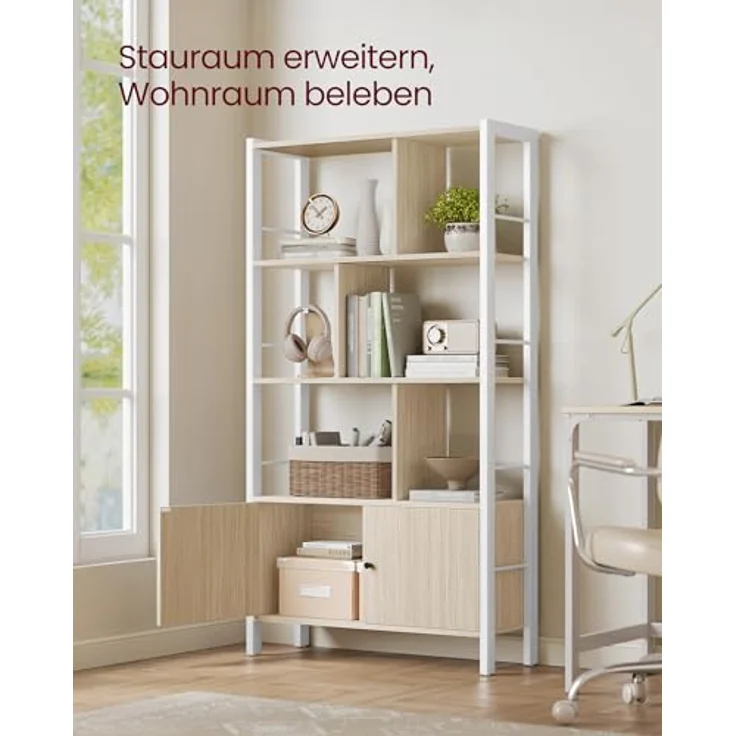 VASAGLE Bücherregal, Bücherschrank mit 4 offenen Regalebenen, Regal, Standregal, geräumiger Wohnzimmerschrank, Küche, Büro, Stahlgestell, modern, naturbeige-wolkenweiß LBC022LL01 – Bild 5
