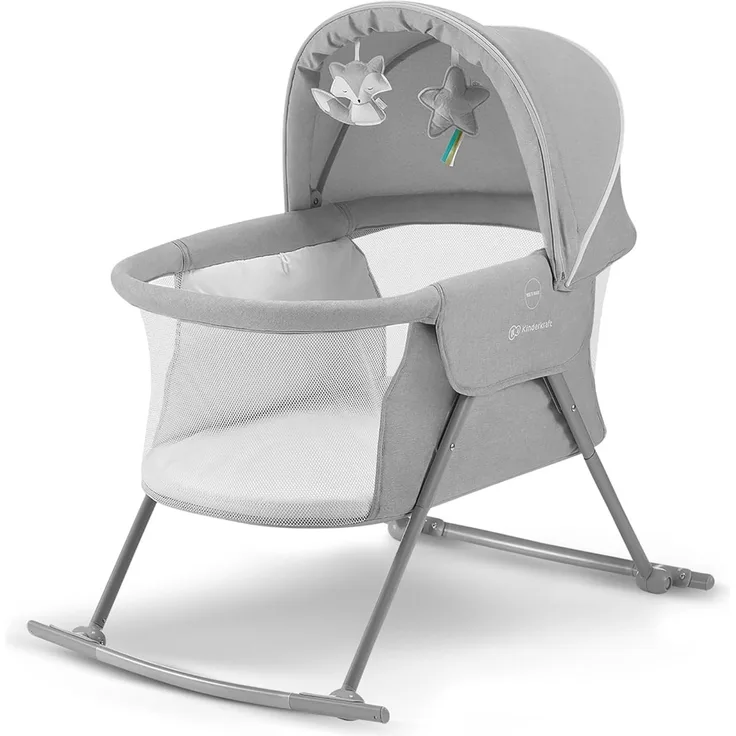 Kinderkraft Kinderbett 3 in 1 LOVI, Kinderreisebett, Stubenwagen, Babywiege, Baby Wippe, Zusammenklappbar, Einfach Transport, mit Zubehör, Tasche, Moskitonetz,von Geburt bis 9 kg, Grau