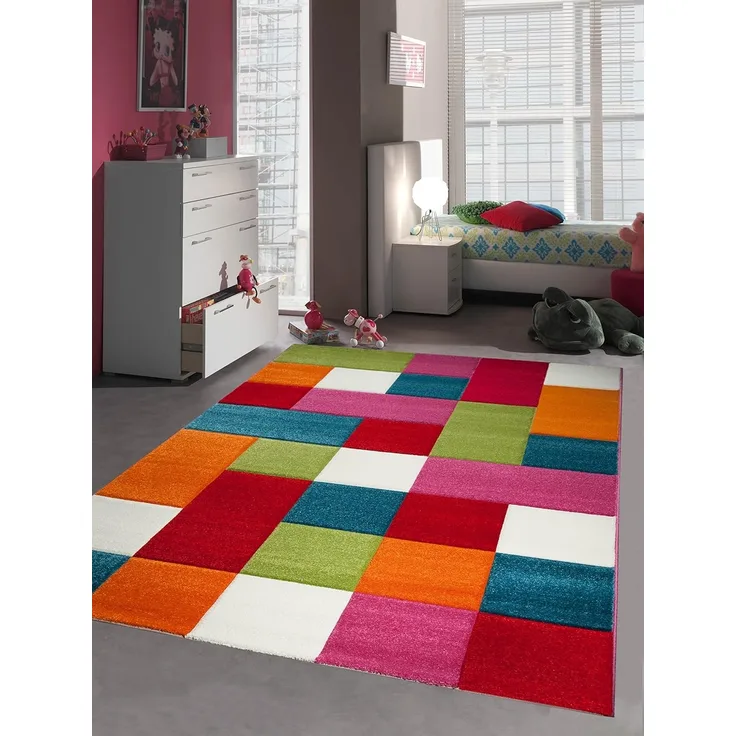 CARPETIA Kinderteppich Spielteppich Kinderzimmer Teppich Karo bunt türkis orange weiss rot pink Größe 80x150 cm