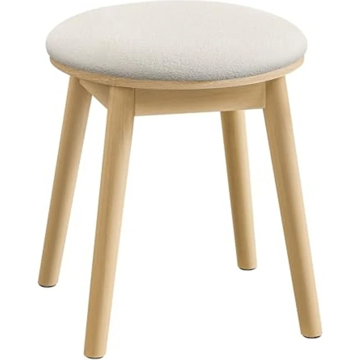 SONGMICS HOME BOHOVEN Kollektion - Schminkhocker, Schminktisch-Hocker gepolstert, Massivholzbeine, Sitzhocker rund, Fußhocker, rutschfeste Fußpads, Boho-Stil, Schlafzimmer, cremeweiß-eichenbeige – Bild 1