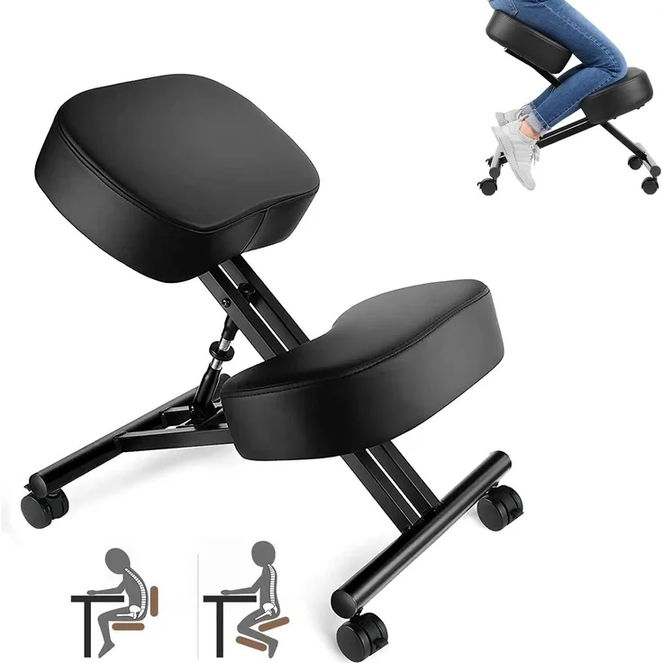 Kniestuhl Ergonomischer, Verstellbarer Kniehocker Stuhl für Büro, Metallgestell + Leder Bürostuhl Sitzhocker mit Knieablage, Rollen, 3" Kissen, Hocker zu Verbessert Haltung & Rückenschmerzen