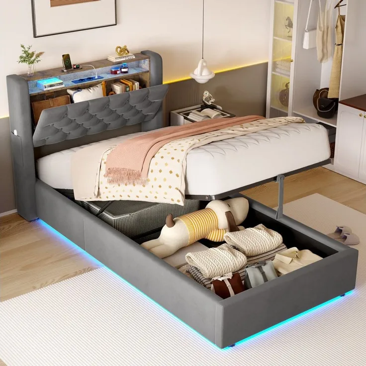 HAUSS SPOLE Polsterbett 90×200 mit LED,Boxspringbett Jugendbett mit Bettkasten und Matratze (Stauraumbett mit Stauraum und klappbarem Kopfteil), mit LED-Ambientelicht für eine angenehme Atmosphäre