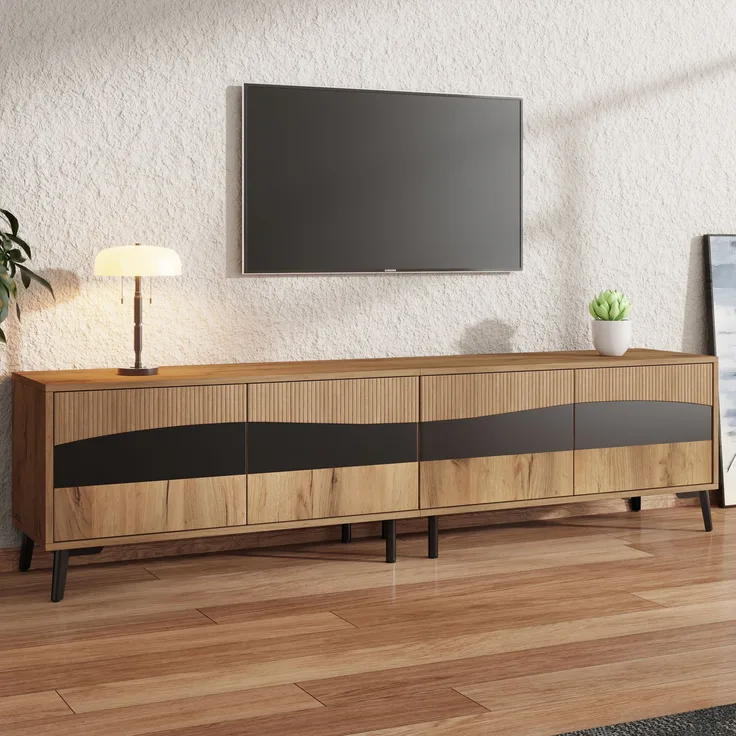 TV-Schrank mit 4 Türen und 8 Beinen, geeignet für 75-Zoll-Fernseher, Holzoptik mit schwarzen Linien, symmetrisches Design