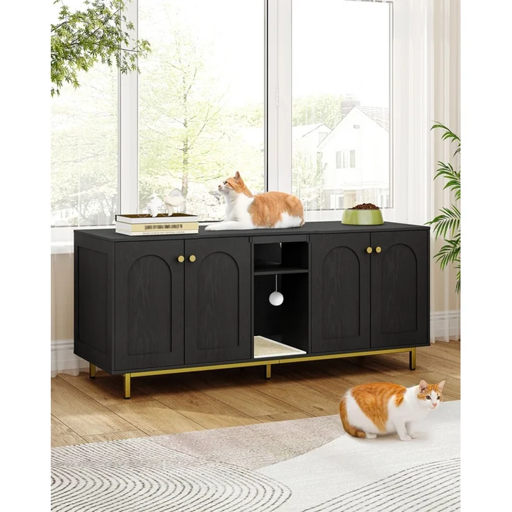 Katzenschrank für 2 Katzen, Katzenklo Schrank, Katzenhaus Versteckt mit Doppelräumen, Mit Stauraum, Plüschbälle, Kann als Fernsehschrank, 140 x 48 x 62 cm, Schwarz und Gold – Bild 1
