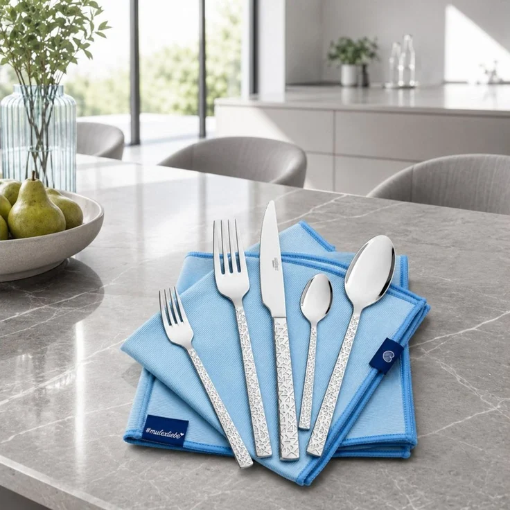 Mulex Besteck-Set Siena, Besteckset mit 3 Multifunktionstüchern (63-tlg), 12 Personen, Edelstahl 18/0, Kratzfestes Besteck mit edlem Design und angenehmer Haptik – Bild 3