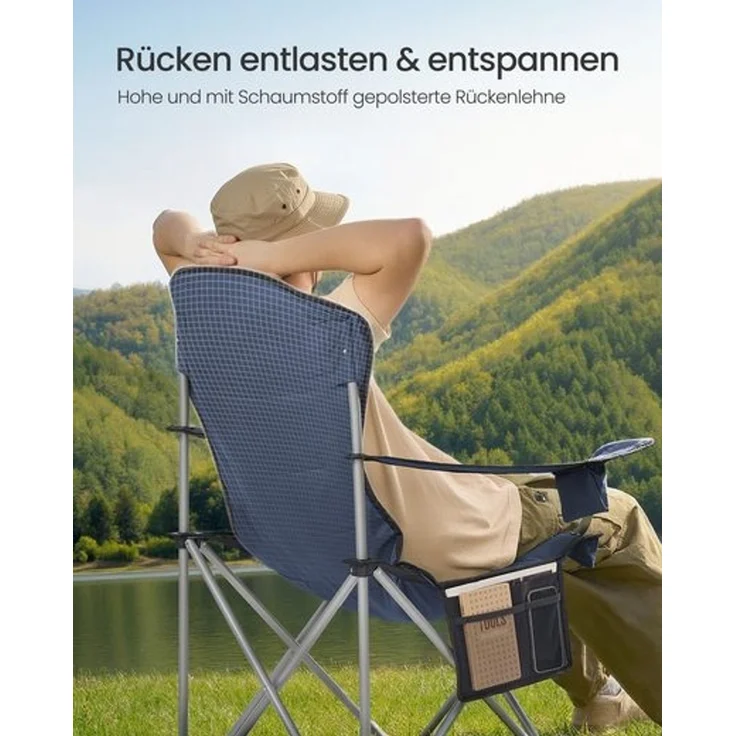 SONGMICS Campingstuhl 2er Set, klappbar, Klappstuhl, breiter Sitz, hohe Rückenlehne, Outdoor-Stuhl, tragbar, Outdoor-Stuhl, Getränkehalter, Handyhalter, Stoff-Organizer, blau-grau – Bild 4