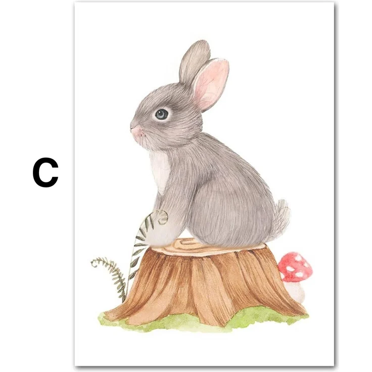 Poster Kinder süße Tiere im Boho Stil Bär Eichhörnchen Schnecke Pilzhaus und Blumen als Deko Print ohne Rahmen - C / 30 x 40 cm