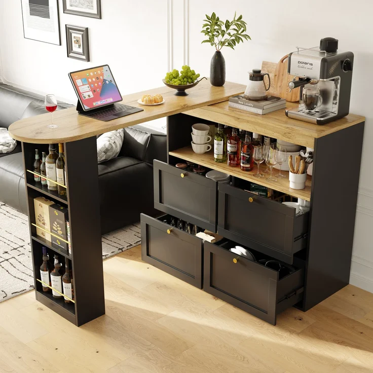 Bartisch 105 x 39 x 102 cm, 360° drehbar, mit 4 Schubladen und offenen Ablagen, Schwarz – Bild 14