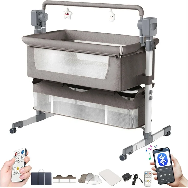 Magic ZC Elektrische Bluetooth Intelligent Beistellbett Baby mit Rollen, Faltbar Co-Sleeping Babybett, Fernbedienung und 5-schwankende Zahnräder, Stubenwagen Kleinkind Wiege mit Musik (601 Light Grey)
