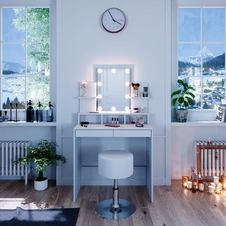 Schminktisch Ania Weiß 80 cm mit LED Beleuchtung und Hocker Vicco