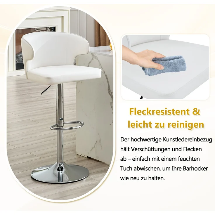 2er Set Barhocker mit Lehne Höhenverstellbar, 360° Drehbar Barstuhl mit Großem Sockel & Fußstütze, Modern Küchenhocker für Bar Küche Theke (Nur Stühle)--Weiß2--49.7x45x110cm--YOUDENOVA – Bild 8