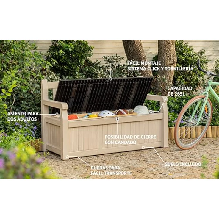 Keter Sitzbank Eden für Balkon und Garten, Gartenbank mit integrierter Kissenbox mit 265 l Stauraum, 140 x 60 x 84 cm, wetterfest, pflegeleicht, beige, Outdoor, Holzoptik – Bild 5