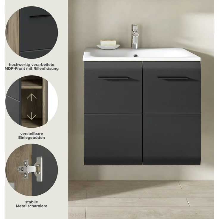 Waschtisch inkl. Waschbecken (B/H/T: 60x55x46 cm) in schwarz matt und Nox Oak Nachbildung – Bild 7