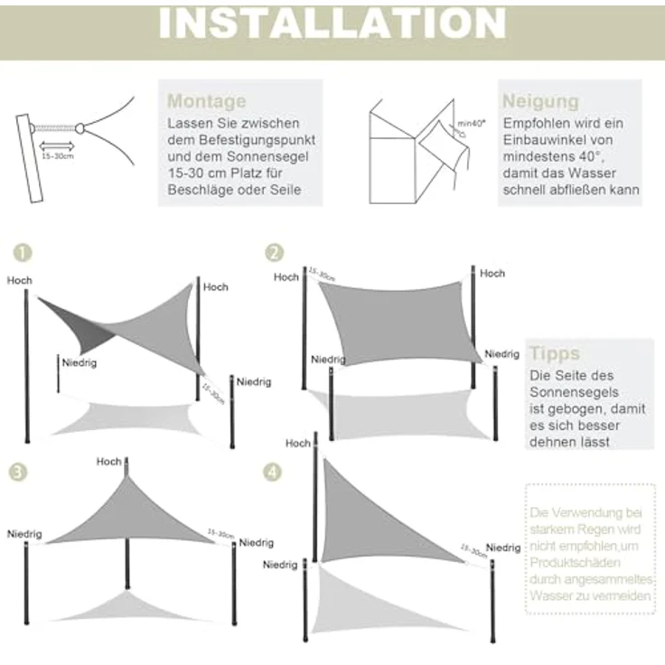 AXT SHADE Sonnensegel Wasserdicht Dreieck Rechtwinklig 3 x 3 x 4,25 m Wetterschutz Sonnenschutz PES Polyester mit UV Schutz für Terrasse Balkon Garten-Creme(Wir Machen Sondergrößen) – Bild 6