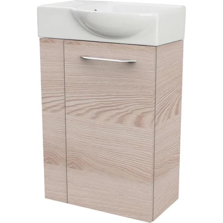 FACKELMANN SBC B.CLEVER Gäste WC Waschtisch Set 45 cm breit, Braun hell, Waschbecken Keramik Weiß, Türanschlag rechts