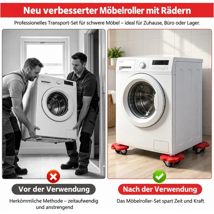 LEMLIT Möbelrolle Möbeltransport-Set mit 4 Möbelrollern und Hebel, bis 500 kg, (4er Set, 6-St, 4 Roller + 1 Hebel + 6 Pads + 2 Handschuhe), Transportroller Schwerlast 360° Rollen mit Bremse, Rot-Schwarz – Bild 4