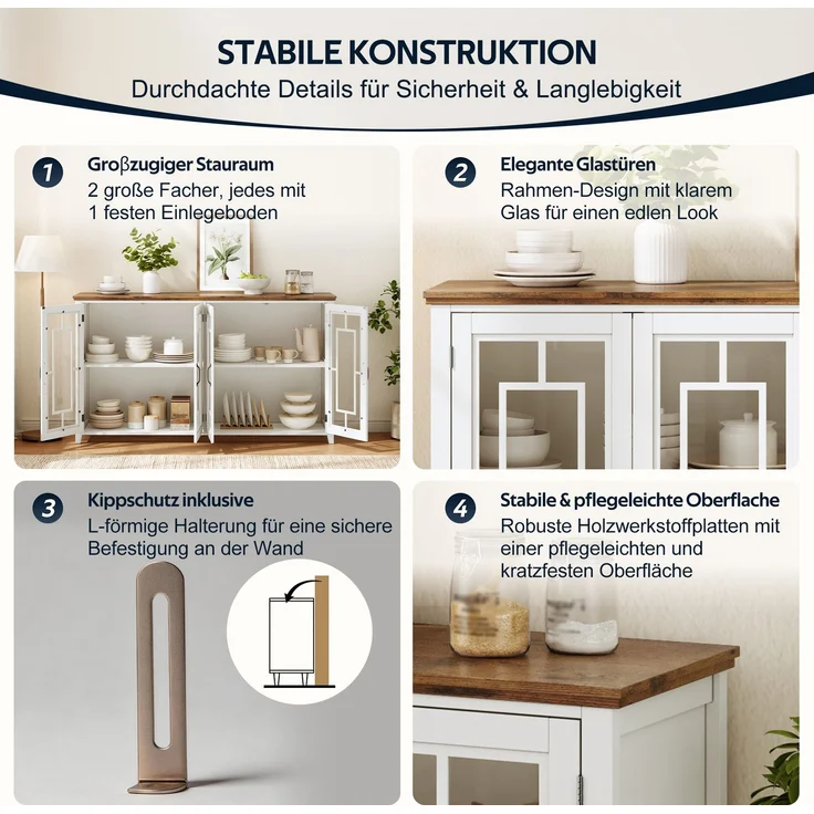 Merax 160cm Küchen-Sideboard mit Glastüren, einem geräumigen Staufach, einer Arbeitsplatte in Holzoptik und einer Kippsicherung, Weiß – Bild 8