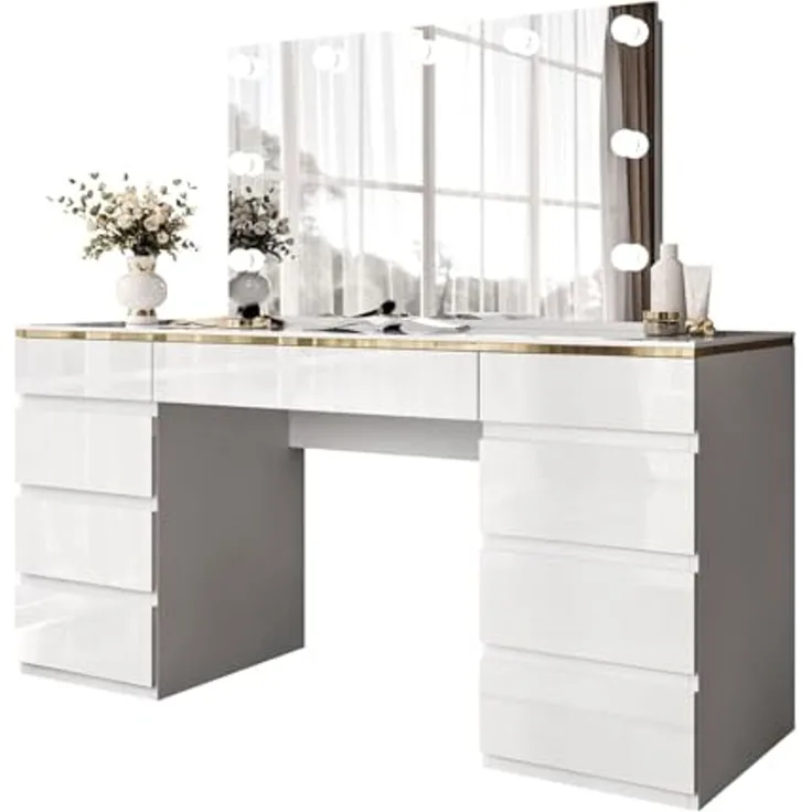 Lookway Schminktisch AURORA DOUBLE GOLD Weiß Hochglanz (1xSchminktisch, 1xSpiegel mit LED)