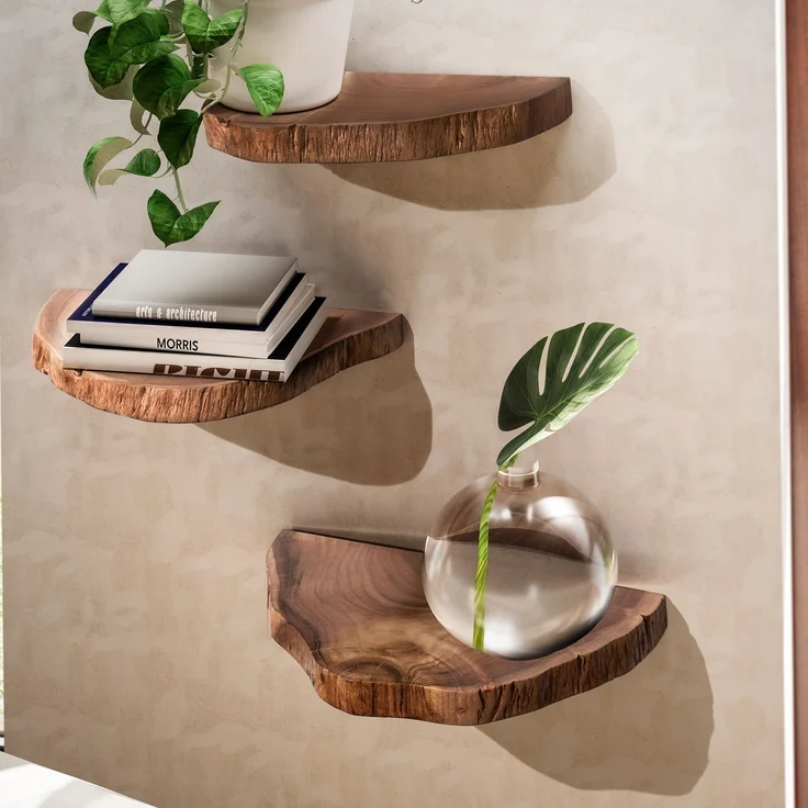 FINEBUY Wandregal FB98594, mit Baumkante Akazie Vollholz, 3er Set hängend, Hängeregal Baumscheibe, Schweberegal Baumstamm – Bild 1