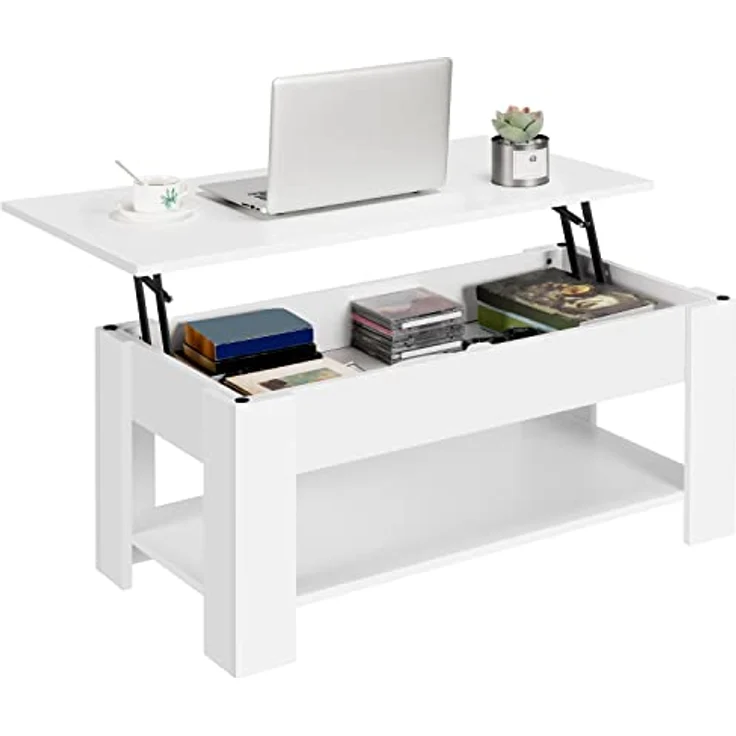 Yaheetech Couchtisch mit Höhenverstellbarer Platte Kaffeetisch ausziehbarer Wohnzimmertisch Sofatisch für Wohnzimmer, Büro, weiß – Bild 2