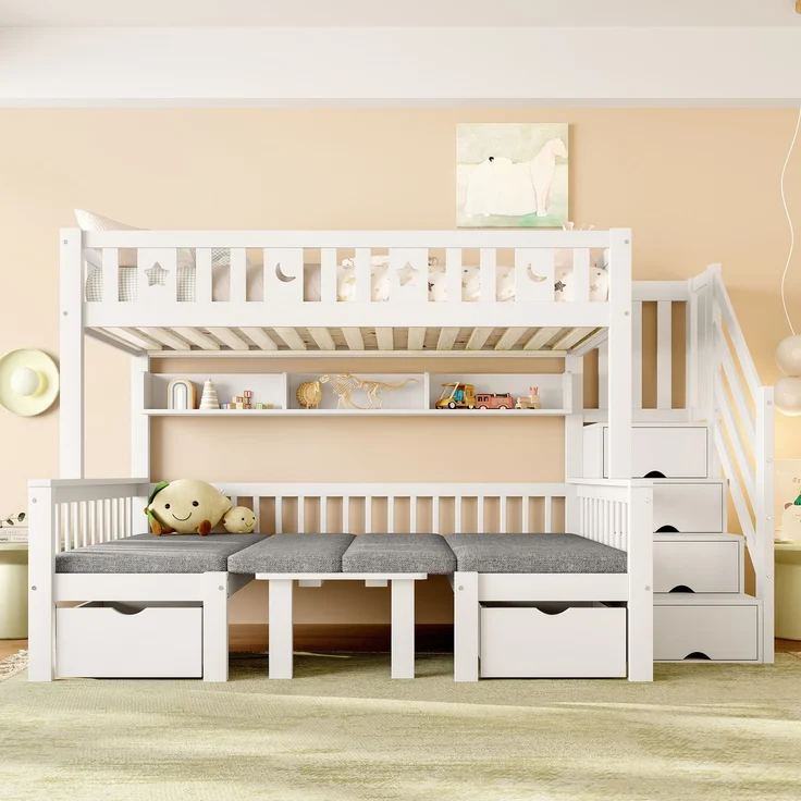 Hochbett 90x200 cm, multifunktionales Kinderbett mit integriertem Klapptisch, Stauraumleiter und gepolstertem Unterbett – Bild 2