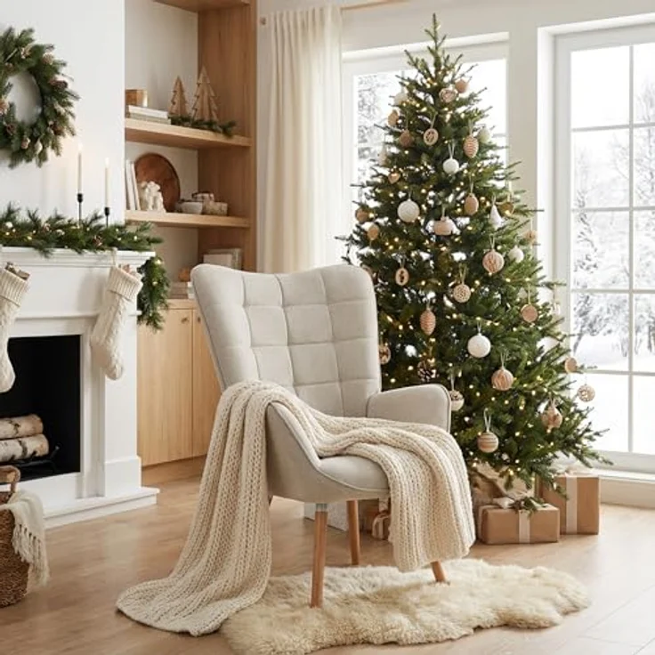 MEUBLE COSY Sessel Relaxsessel Lehnstühle Polstersessel Einzelsofa mit Holzbein Ohrensessel für Wohnzimmer Schlafzimmer Büro Vanity, Stoff, Beige – Bild 3