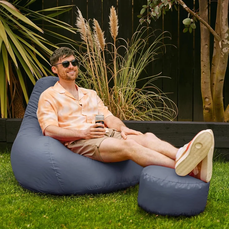 Bean Bag Bazaar Gaming Sitzsack „Recliner“, Gamer Sitzsack für Erwachsene und Kinder, Indoor Outdoor Sitzsack Sessel Gaming mit Füllung (Sitzsack + Hocker, Schiefergrau) – Bild 2