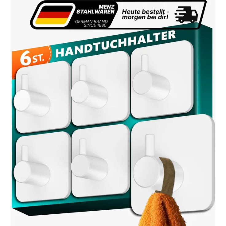 Lindenstein Selbstklebende Handtuchhaken 6er-Set Weiß – Edelstahl 304, bis 10 kg