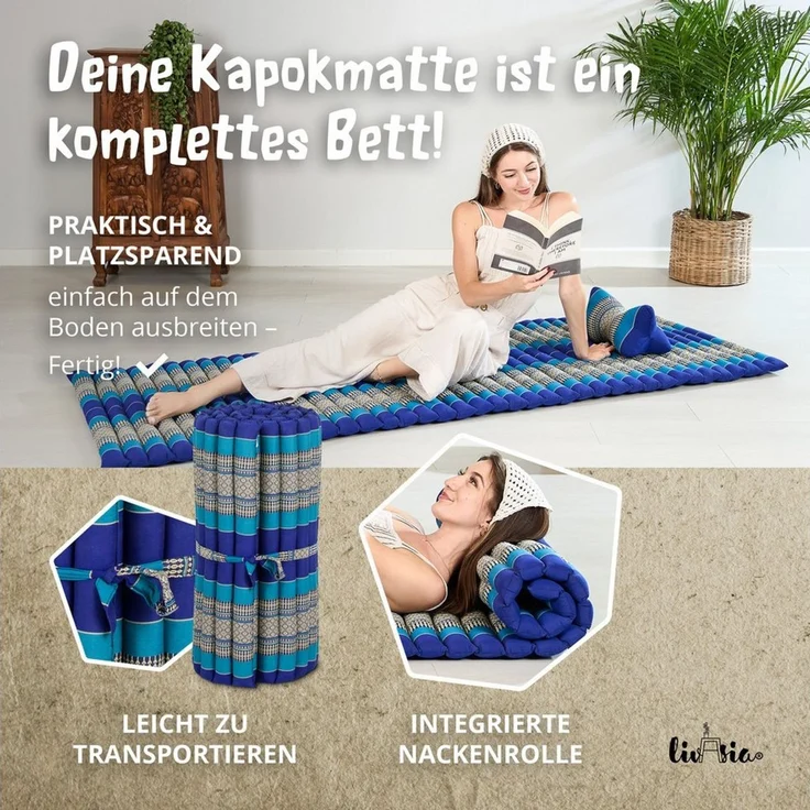 Reisebett-Matratzen Rollmatte 75 cm breit, vegan und handgefertigt, 200 x 75 x 4,5 cm, livasia, 4.5 cm hoch, Kapok – Bild 4