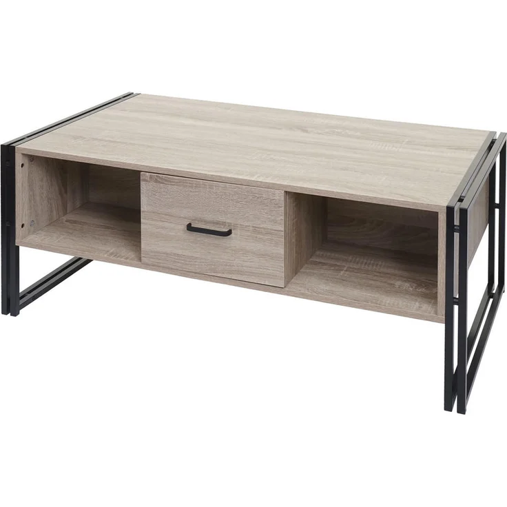 MCW Couchtisch A27, Eiche, 110x45x60 cm, mit 2 Schubladen und 4 Staufächern, pulverbeschichtetes Stahlgestell