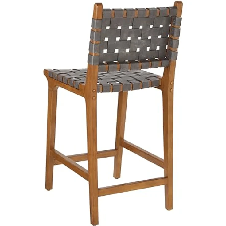 Ball & Cast Gewebter Tresen Barhocker mit Rückenlehne, Holz Küchenhocker mit PU-Ledersitz, Barhocker Stuhl mit Fußstütze für Esszimmer, dunkelgrau – Bild 5