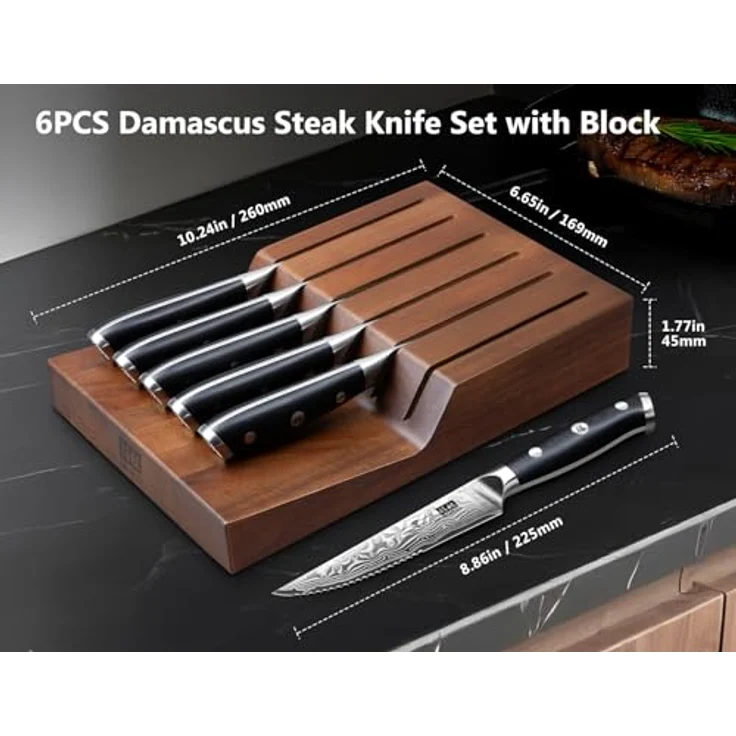 SHAN ZU Steakmesser-Set 7-teilig, 11 cm Damast-Steakmesser mit Block, japanisches Küchenmesser-Set mit Wellenschliff aus Hartstahl mit ergonomischem G10-Griff und Geschenkbox – PRO Series – Bild 3