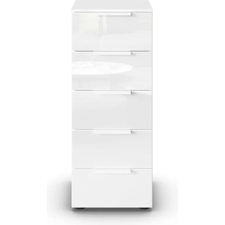 Rauch Möbel Flipp, schmale Hochkommode mit viel Stauraum für Flur, Wohnzimmer, Schlafzimmer, Alpinweiß/Glasfront Weiß, 5 Schubkästen, Griffe weiß, 40 x 100 x 42 cm – Bild 4